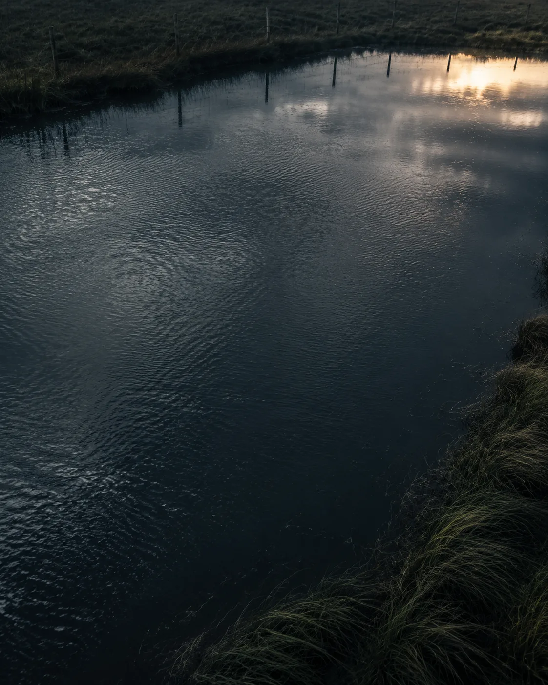 A dark ranch pond with rippled water at dusk